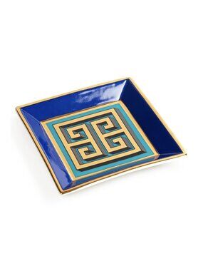 JONATHAN ADLER Mykonos Square Tray Catchall Greek Key Blue Gold Turquoise